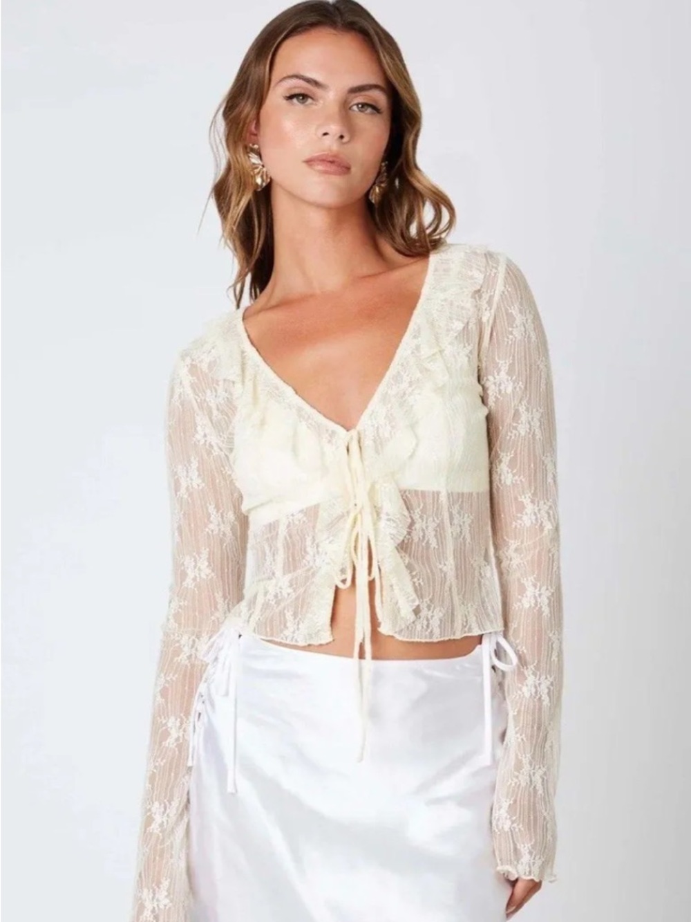 Sheer Lace Tie-Front Crop Top in Cream